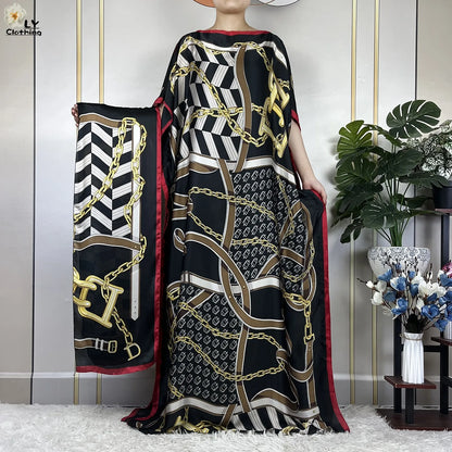 Women Printed Silk Soft Loose Maxi Party Dresses With Belt Turban