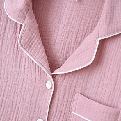 Spring and Autumn Couple Pajamas Set 100%Cotton Crepe Long Sleeve Pants Two Piece Men's and Women's Large Size