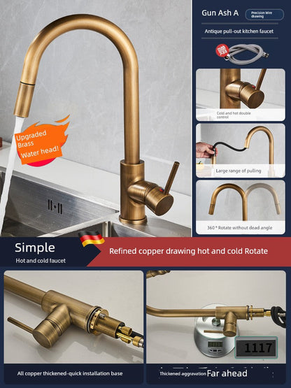 Retro Copper Antique Kitchen Faucet Hot and Cold Wash Basin Sink Pull-out Rotate