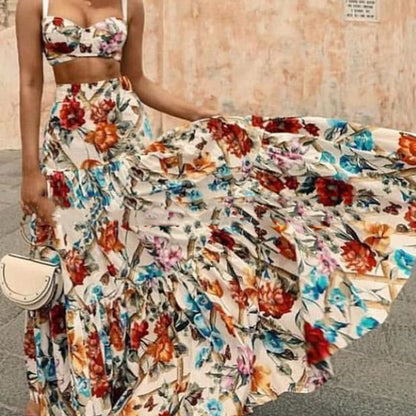 Bohemian Summer Style Two Piece Print A-Line Skirt & Camisole