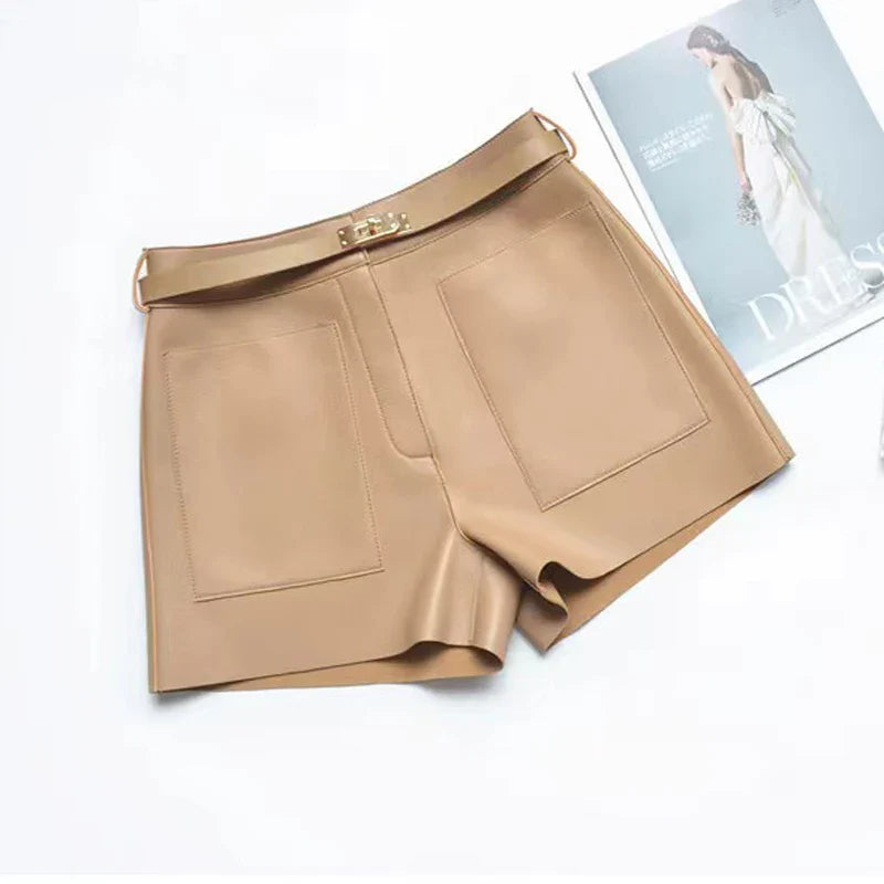 Real Sheepskin Leather Women Shorts