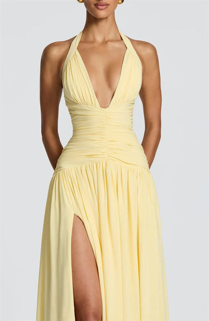 Elegant Halter Deep V Neck Sexy Maxi Women Dress Off-shoulder Sleeveless