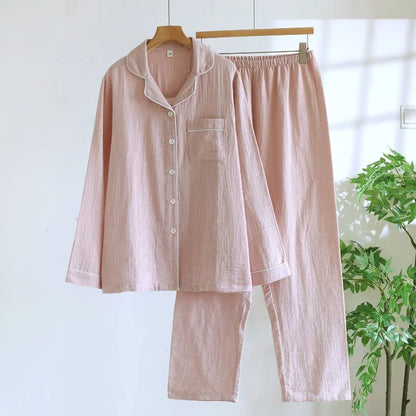 Men/Women Spring and Autumn Pajama Set 100% Cotton Gauze Jacquard Long Sleeve Checkered Two Piece Set
