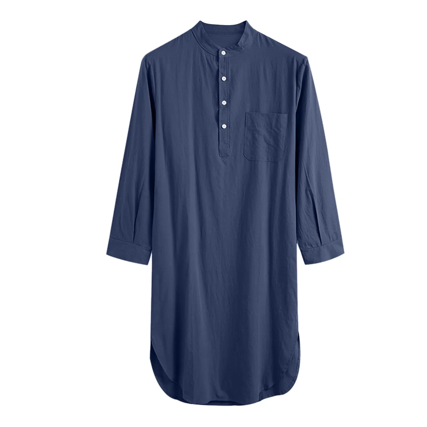 Men's Comfortable Cotton Button-down Sleep Robe Solid Color Stand Neck Long Sleeve Nightgown