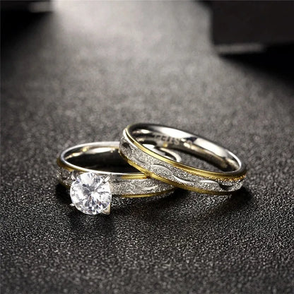Couple Exquisite Rings Women Rhinestones Zirconia & Men Stainless Steel Ring Wedding Jewelry Love Gift