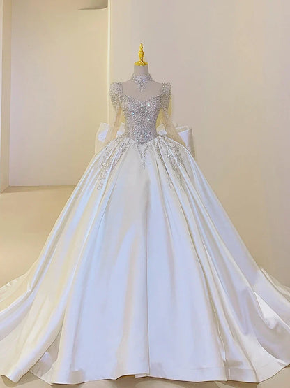 Satin Wedding Dress with Square Collar Lace up Luxury Bridal Ball Gown Floor-Length off the Shoulder with Train