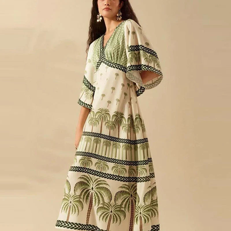 Summer Tropical Plant V-Neck Bohe Elegant Half Sleeve Loose Party Dress A-line