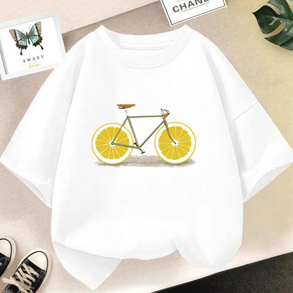 Kids T Shirt Cute Lemon Fruit Cartoon Bike Printed Tops Tee Short Sleeve Graphic Summer Fashion Boy Girl Clothing Unisex T-shirt
