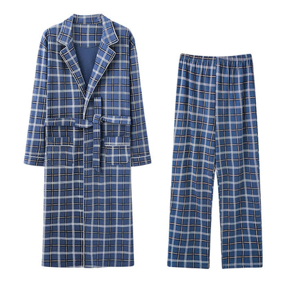 Men’s Cotton Robe Long Sleeve Kimono Bathrobe With Long Pants 2pcs Robes Set Sleepwear Spring Autumn V-Neck Plaid Pajama