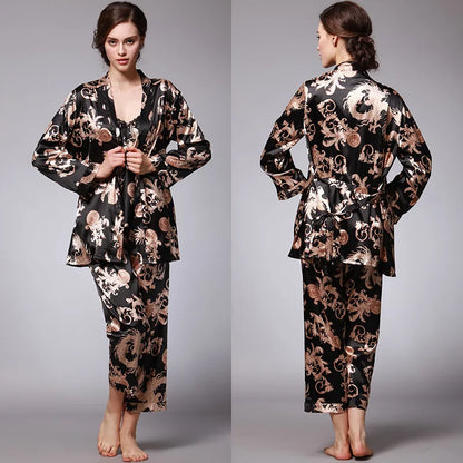 Women's Silk Satin Pajamas Set 3 Pcs Floral Silky Sets Sleepwear