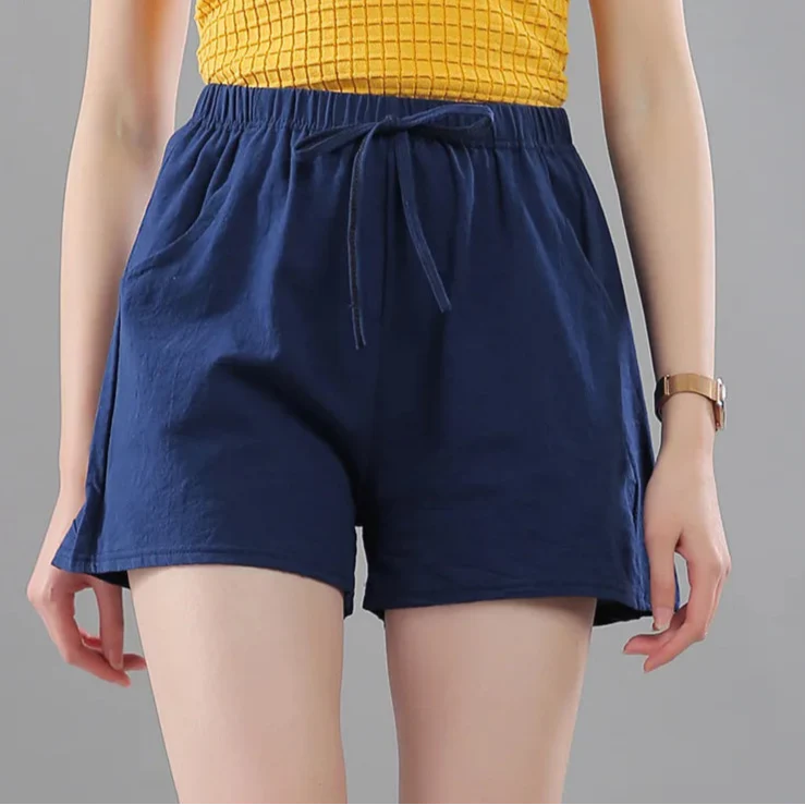Women Summer Shorts Korean Wide Leg Casual Solid Drawstring Elastic Waist Cotton