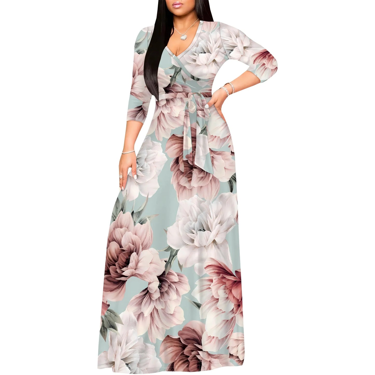Romantic Floral Rose V-Neck 3/4 Sleeve Wrap Maxi Dress with Belt