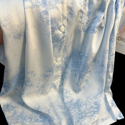 New Ice Silk Women Pajama Lapel Button Cardigan 2 Piece Set