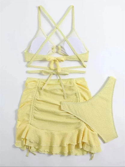 Women's Solid 3 Piece Swimsuit Halter Ring Linked Criss Cross Cover Up Ruffle Skirt