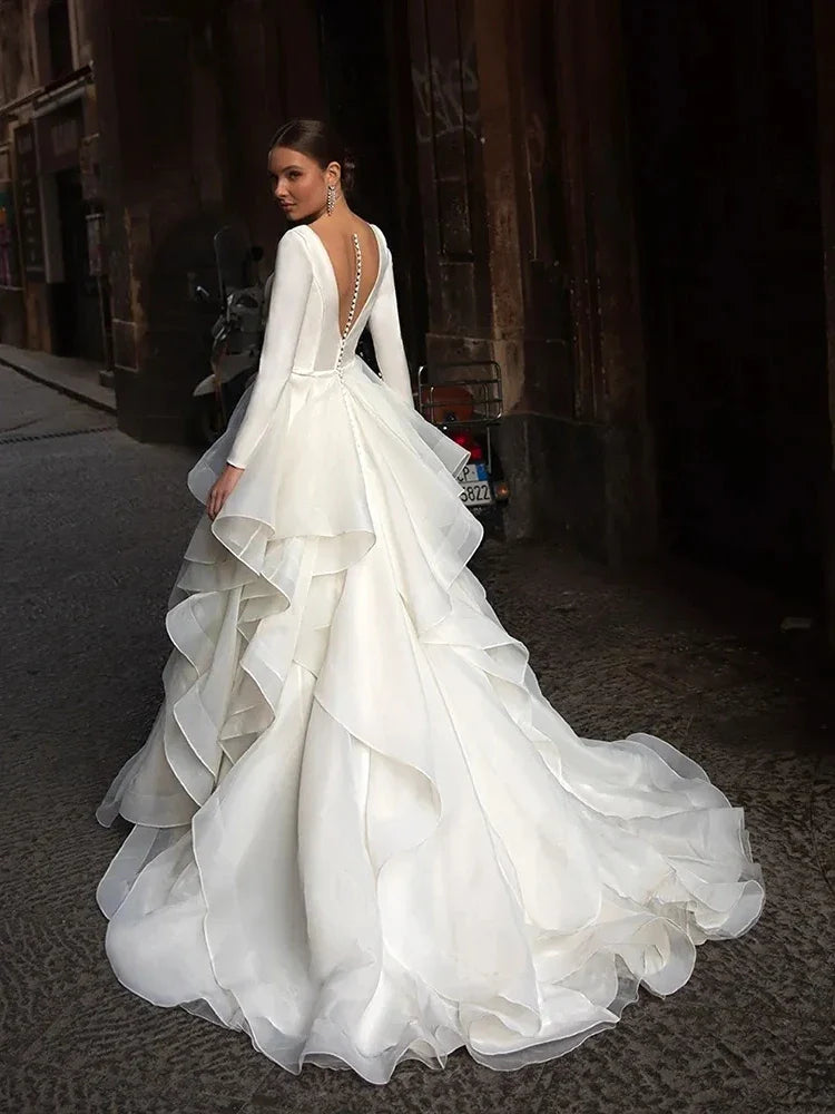 Gorgeous V-Neck Backless Long Sleeves Wedding Dresses Gown Luxury Pleat