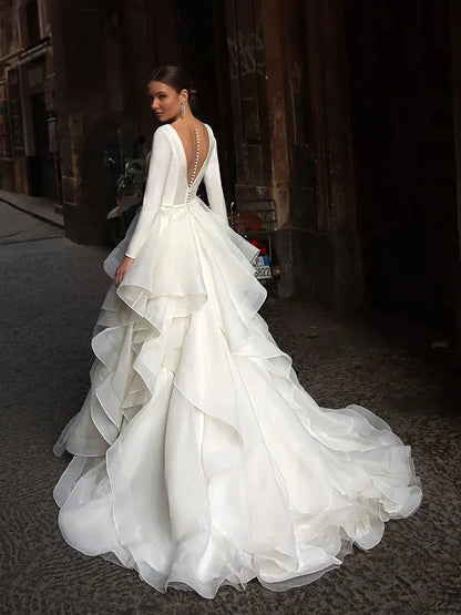 Gorgeous V-Neck Backless Long Sleeves Wedding Dresses Gown Luxury Pleat