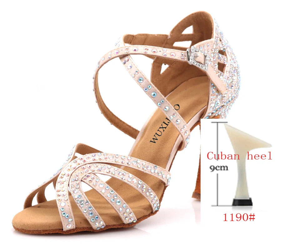 Ballroom Diamond Latin Dance Soft Sole Shoes Silver Bronze Skin color