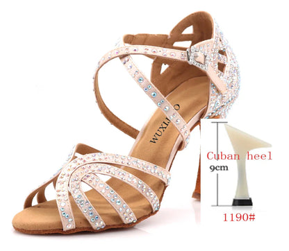 Ballroom Diamond Latin Dance Soft Sole Shoes Silver Bronze Skin color