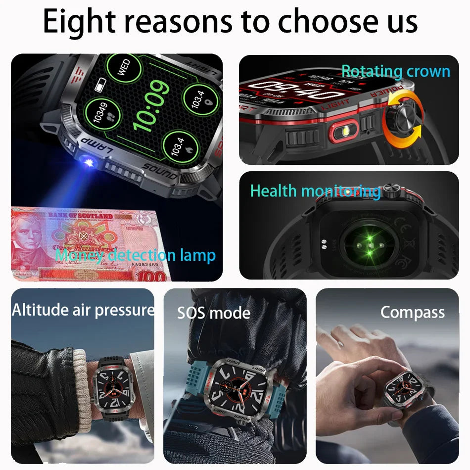Men Military GPS Smart Watch Flashlight Compass Waterproof Outdoor Sport Tracker Bluetooth