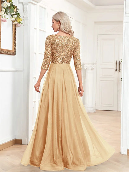 Luxury Floor Length V-Neck Evening Dress Party Maxi Dress Sequin Short Sleeves Prom Cocktail Gown