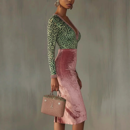 Women Sexy Leopard Print Slim Long Dress Autumn Long Sleeve Deep V-neck Bodycon Maxi Dresses