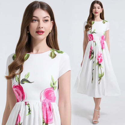 Summer French Women's Retro Pink Flower Waist Cinching Slimming Big Swing Dress Elegant Anti-aging Short Sleeved Skirt