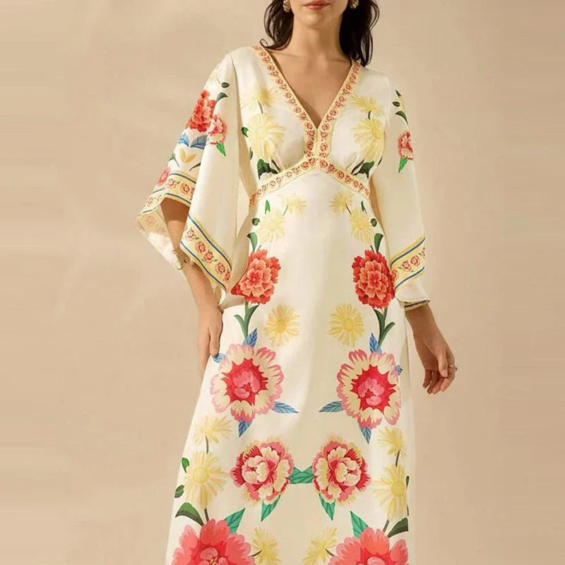 Summer Tropical Plant V-Neck Bohe Elegant Half Sleeve Loose Party Dress A-line