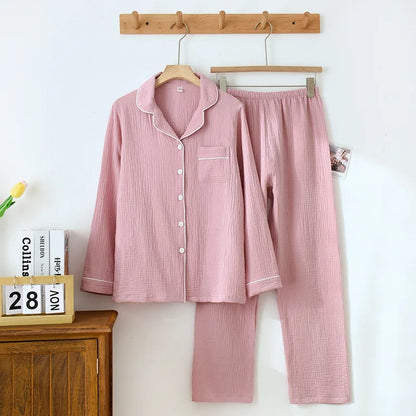 Spring and Autumn Couple Pajamas Set 100%Cotton Crepe Long Sleeve Pants Two Piece Men's and Women's Large Size