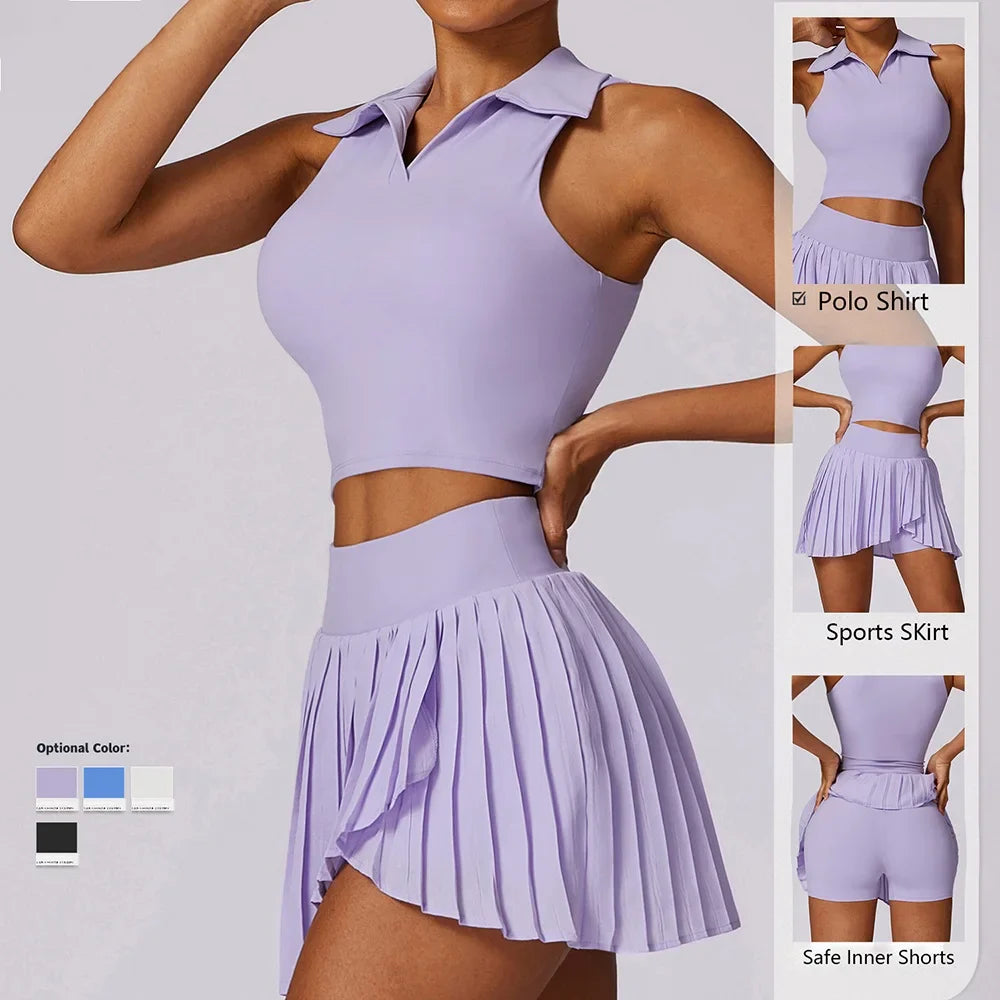 Women Gym Yoga Set Workout Sportswear Fitness Shirts Tracksuit High Waist Skirts Top Suit