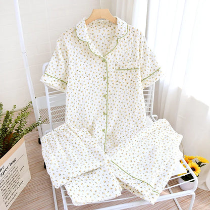 Summer women's cotton crepe three-piece short sleeve + shorts + trousers large size simple flower pajamas
