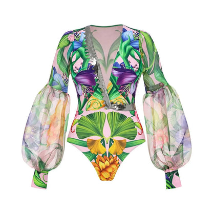 Swimwear 2PC Cover-up Swimsuit Ruffle Printed Deep V One-piece Kimono Bikini Suit