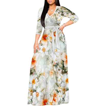 Romantic Floral V-Neck 3/4 Sleeve Wrap Maxi Dress with Belt