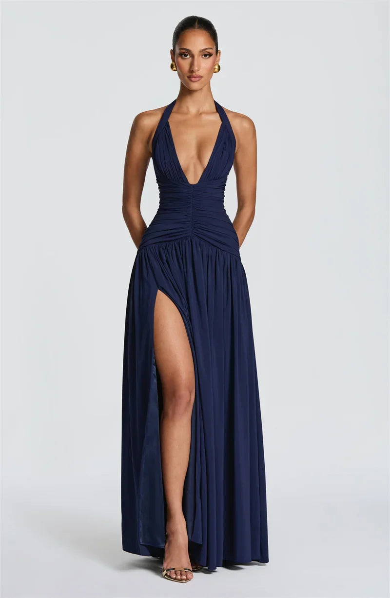 Elegant Halter Deep V Neck Sexy Maxi Women Dress Off-shoulder Sleeveless