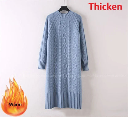 Women Winter Thicken Plus Velvet Sweater Dress Mock Neck Rib Knit Midi With Coats