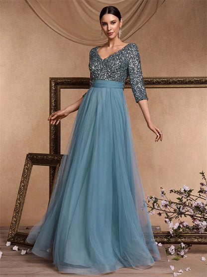 Luxury Floor Length V-Neck Evening Dress Party Maxi Dress Sequin Short Sleeves Prom Cocktail Gown