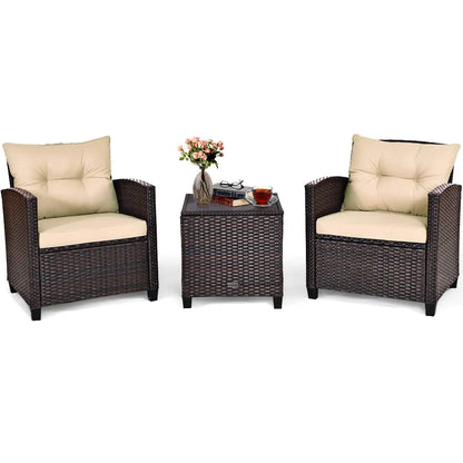 3 Pieces Patio Furniture Set, PE Rattan Wicker 3 Pcs Outdoor Sofa Set w/Washable Cushion and Tempered Glass, Customized
