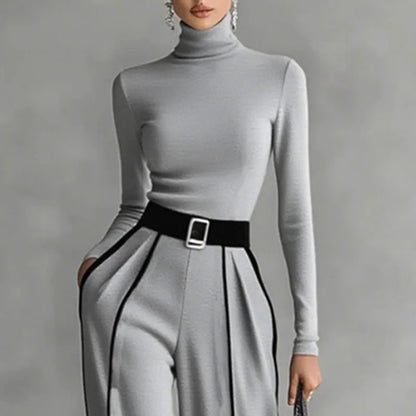 2 Piece Set Autumn/Winter Striped Print Elegant Stand Collar Slim Top Pullover & Wide Leg Trousers Suit