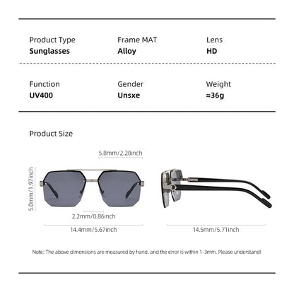 Trendy Aviator Sunglasses for Mens Womens Retro Double Bridge Metal Driving UV400 Outdoor Eyewear Semi-Rimless Lentes De Sol