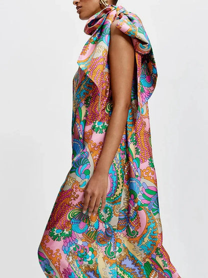 Summer Satin One-piece Robes Fashion Pattern Printed Skew Collar Halter Dress Elegant Off Shoulder Pleated Party Dress