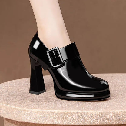 New Black Round Head Thick High Heel Women Pump Shoes