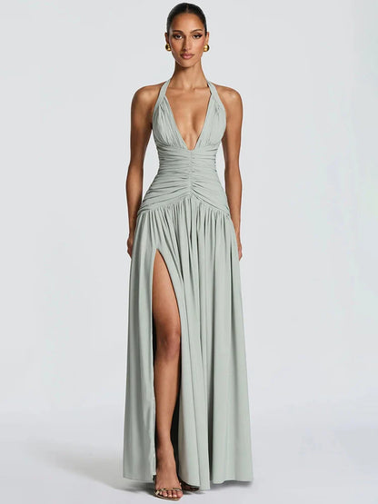 Elegant Halter Deep V Neck Sexy Maxi Women Dress Off-shoulder Sleeveless