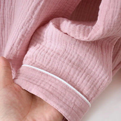 Spring and Autumn Couple Pajamas Set 100%Cotton Crepe Long Sleeve Pants Two Piece Men's and Women's Large Size