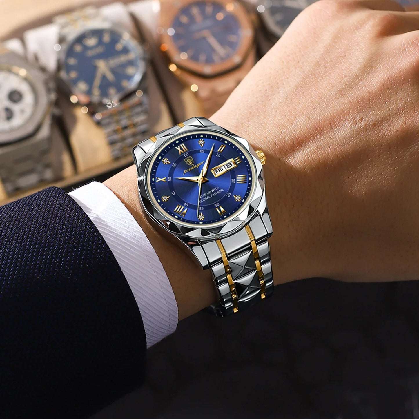 POEDAGAR Top Brand Luxury Men's Waterproof Stainless Steel Quartz Watch Luminous Calendar Week