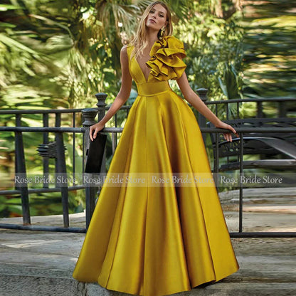 Formal Golden Satin Ruched Ruffles Gown Dress A-line V-neck Special Occasion
