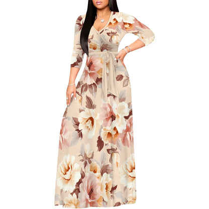 Romantic Floral V-Neck 3/4 Sleeve Wrap Maxi Dress with Belt