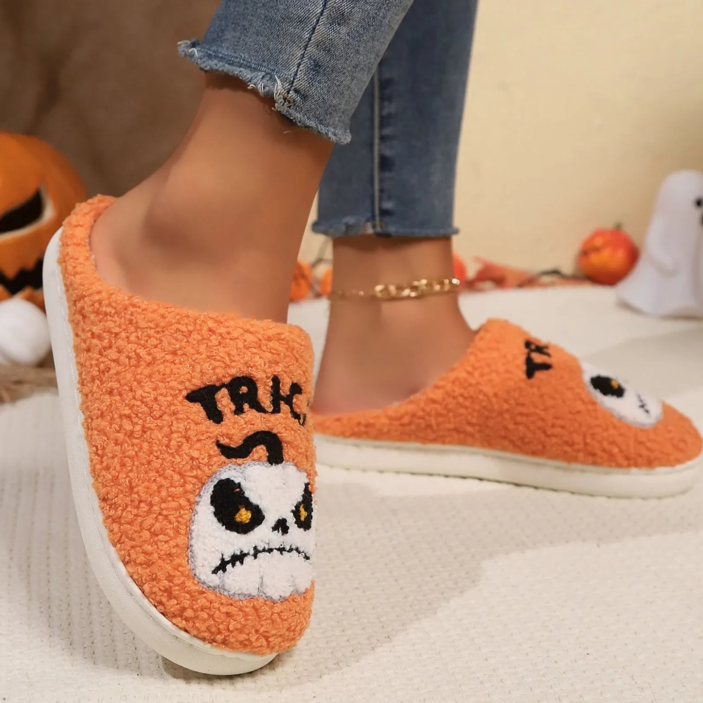 Women's Cartoon Pumpkin Embroidery Plush Warm Slippers Non-slip Indoor