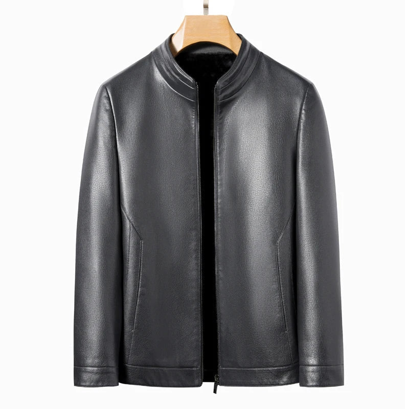 Men's Genuine Leather Polo Mock Neck Jacket Slim Sheepskin Coat Spring and Autumn