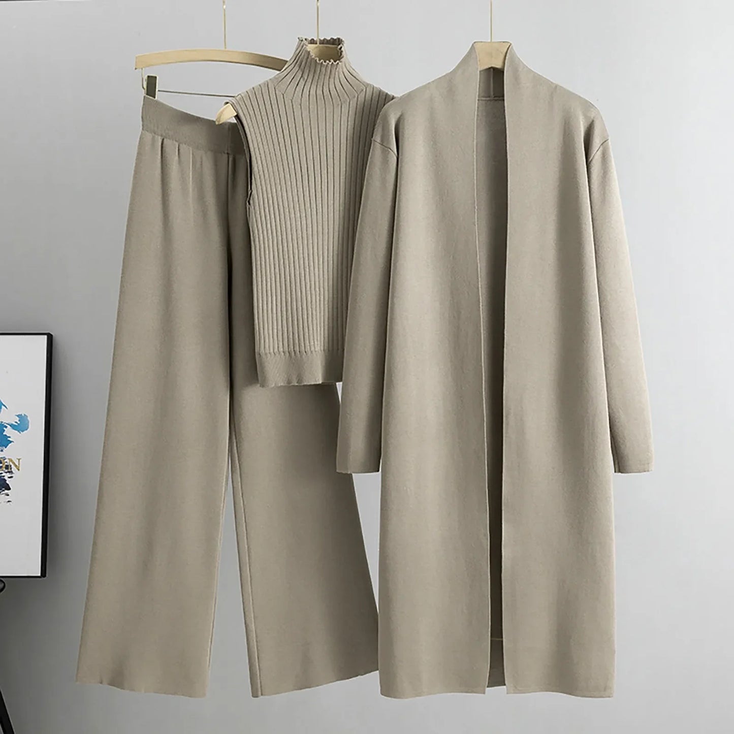 3 Piece Outfits Sweater Pullover Top & Knitted Long Cardigan & Wide Leg Pants Suits