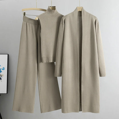 3 Piece Outfits Sweater Pullover Top & Knitted Long Cardigan & Wide Leg Pants Suits