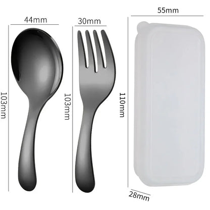 Mini Portable Stainless Steel Spoon Fork Set Storage Dessert Fruit Tool for Work School Short Handle Tableware Suitable for Kids